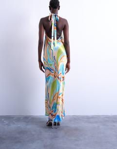 Model wearing Halter neck maxi dress in blue boutique print