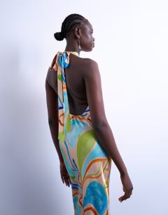 Model wearing Halter neck maxi dress in blue boutique print