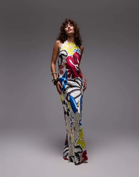 Topshop halter neck maxi dress in bold floral print