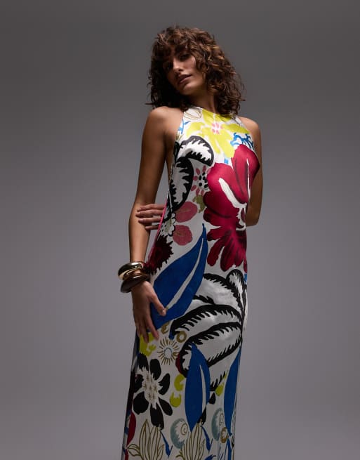 Topshop halter neck maxi dress in bold floral print