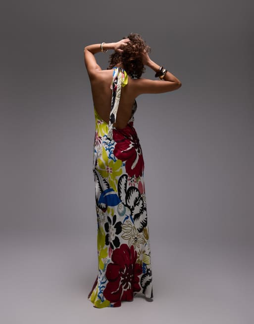 Topshop halter neck maxi dress in bold floral print