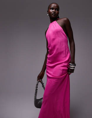 Topshop halter neck maxi dress in fuschia-Pink