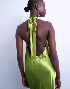 Model wearing Halter neck maxi dress in green