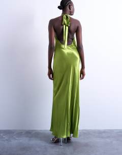 Model wearing Halter neck maxi dress in green