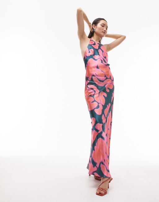 Topshop halter neck maxi dress in pink inky print | ASOS