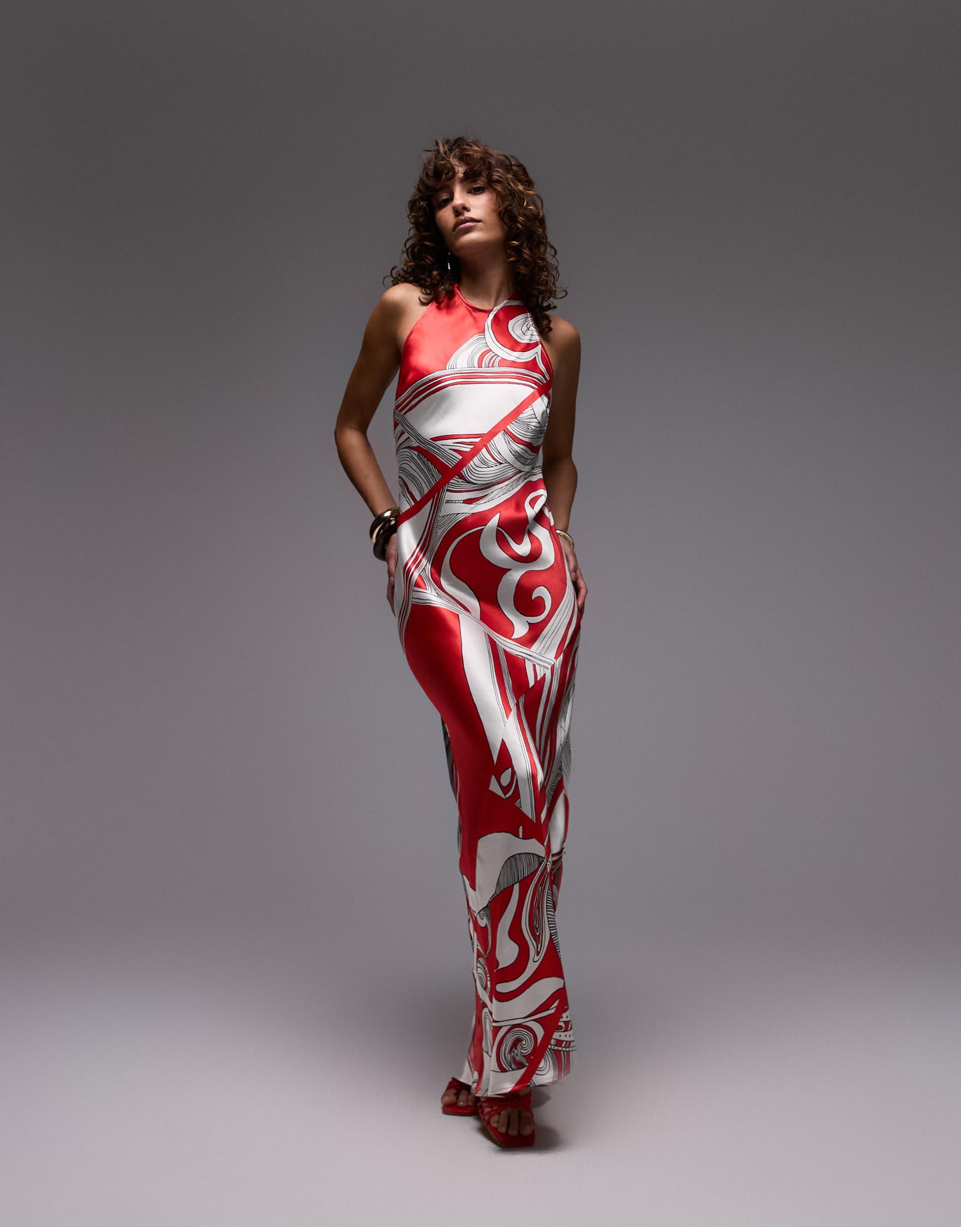 topshop halter neck maxi dress in red boutique print