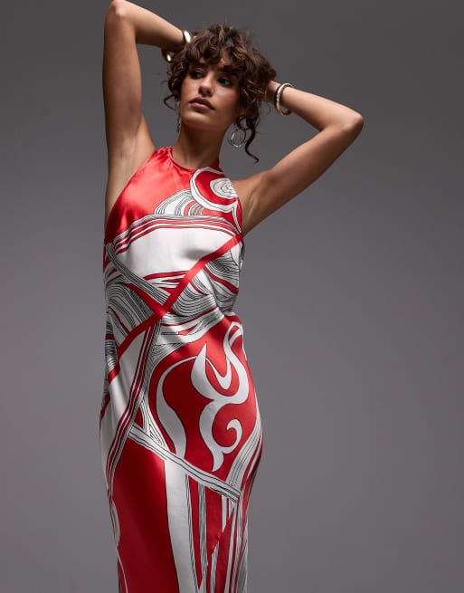 Topshop halter neck maxi dress in red boutique print, 3 of 4