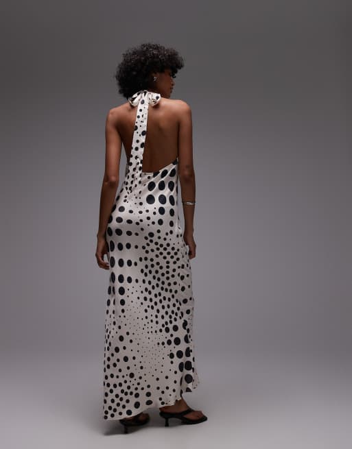 Topshop halter neck maxi dress in scatter ecru polka dots