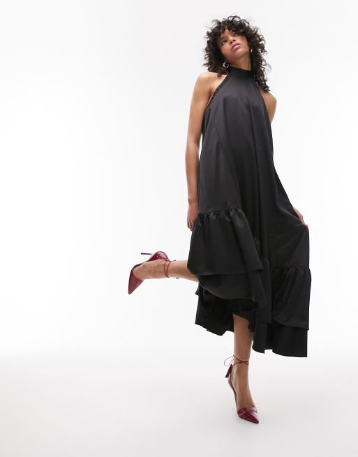 Topshop halter neck maxi dress with asymmetric frill hem in black