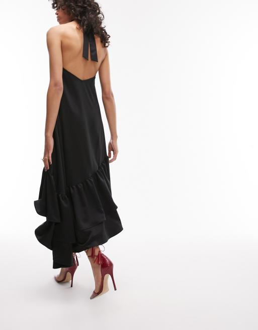 Topshop halter neck maxi dress with asymmetric frill hem in black