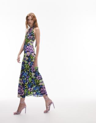 halter neck midi dress in floral print-Multi