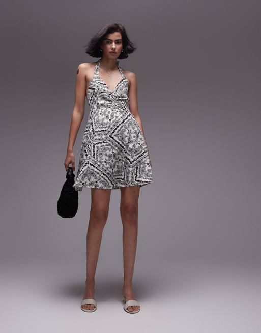 Topshop halter neck mini dress in mono bandana print