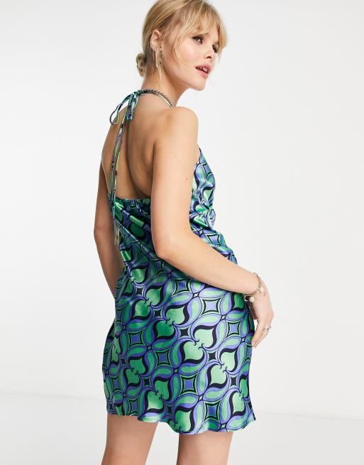 Topshop halter neck ruched keyhole mini slip dress in retro print, 2 of 4