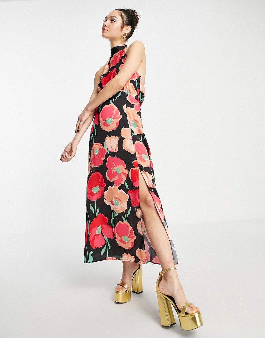 Topshop halter neck satin midi dress with in bold floral-Multi