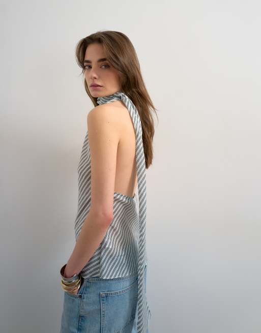 Topshop halter neck scarf detail top in blue stripes, 3 of 4