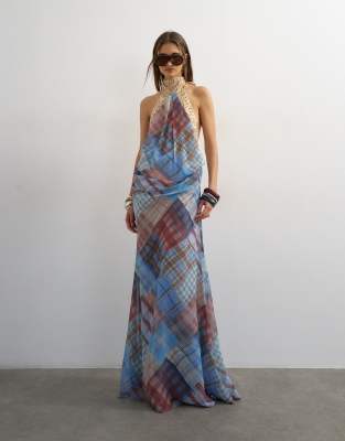 Topshop halter neck tucked side maxi dress in check ad polka dot