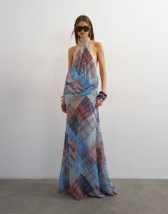 Halter neck tucked side maxi dress in check ad polka dot