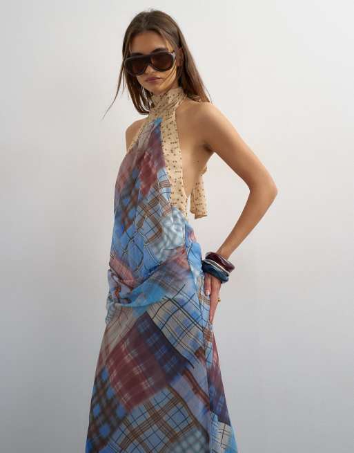 Topshop halter neck tucked side maxi dress in check ad polka dot, 3 of 4