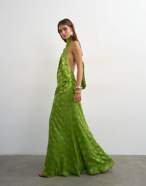 Topshop halter neck tucked side maxi dress with burnout square print detail in green - view 1