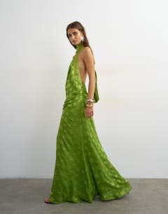 Halter neck tucked side maxi dress with burnout square print detail in green