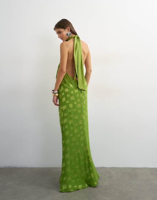 Topshop halter neck tucked side maxi dress with burnout square print detail in green