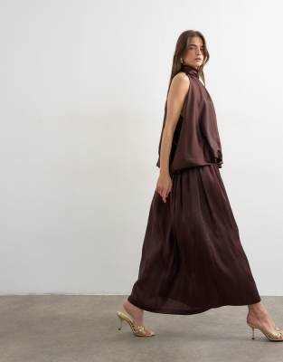 Topshop Halter Neck Voluminous Blouson Maxi Dress In Brown