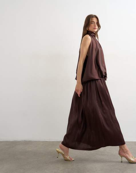 Topshop halter neck voluminous blouson maxi dress in chocolate - view 1