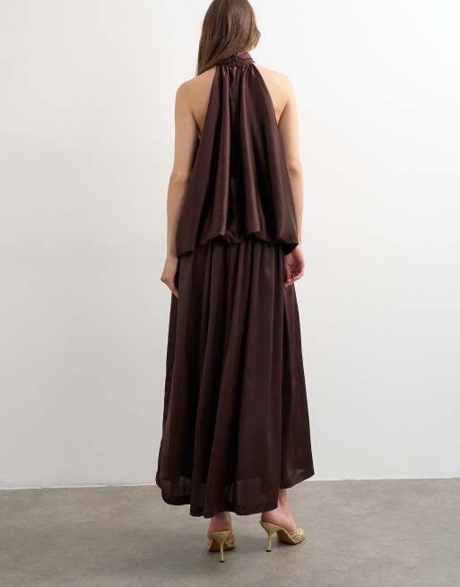 Topshop halter neck voluminous blouson maxi dress in chocolate, 4 of 4