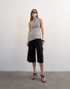 Model wearing Halter scarf detail top in blue stripe