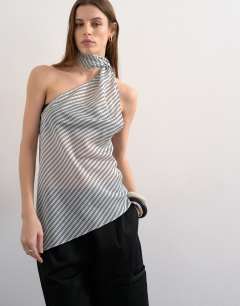 Model wearing Halter scarf detail top in blue stripe