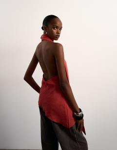 Model wearing Halter scarf detail top in rust