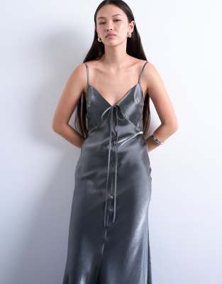 Topshop Halter Tie Neck Liquid Metallic Maxi Slip Dress In Gray