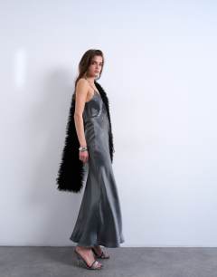 Halter tie neck liquid metallic maxi slip dress in silver