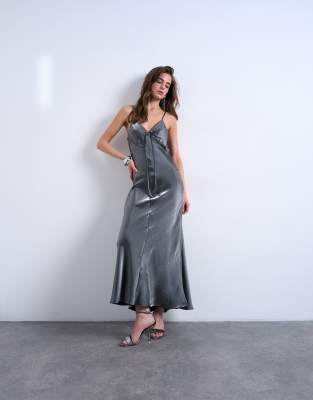 Topshop Metallic Tie Back Maxi Dress in Silver at Nordstrom, Size 10 US