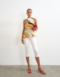 Model wearing Halter tie waist top in abstract print