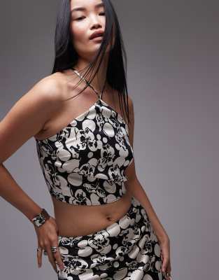 halter top in mono floral - part of a set-Black