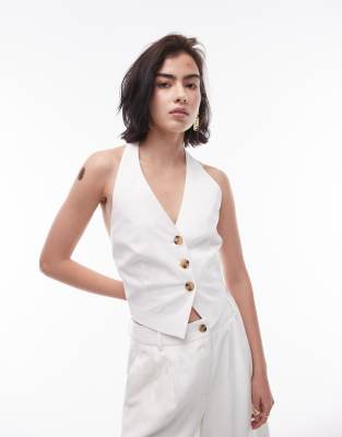 Topshop Halterneck Back Tab Vest In Ecru - Part Of A Set-white