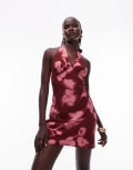 [Topshop] Topshop halterneck flippy mini dress in black and red floral-Multi 14 multi