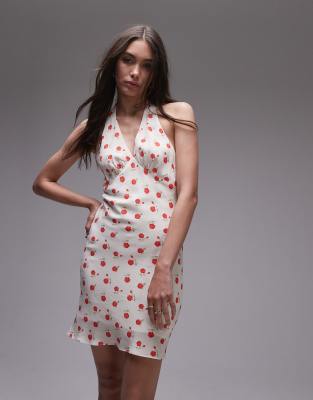 topshop halterneck flippy mini dress in ivory rose print