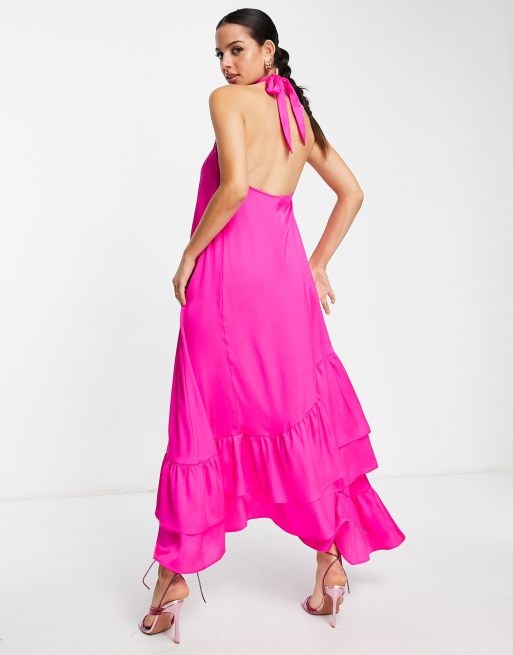 Topshop - Halterneck midaxi-kjole med flæser i fuchsia , 2 af 4