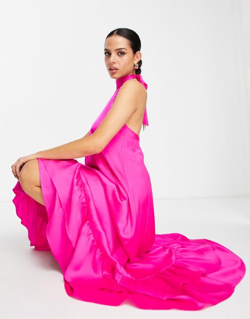 Topshop - Halterneck midaxi-kjole med flæser i fuchsia , 4 af 4