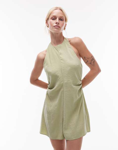 Topshop halterneck playsuit in cupro olive - view 1