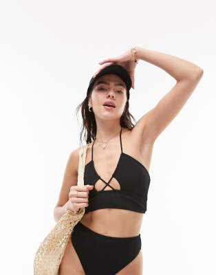 Topshop Halterneck Rib Bikini Top In Black