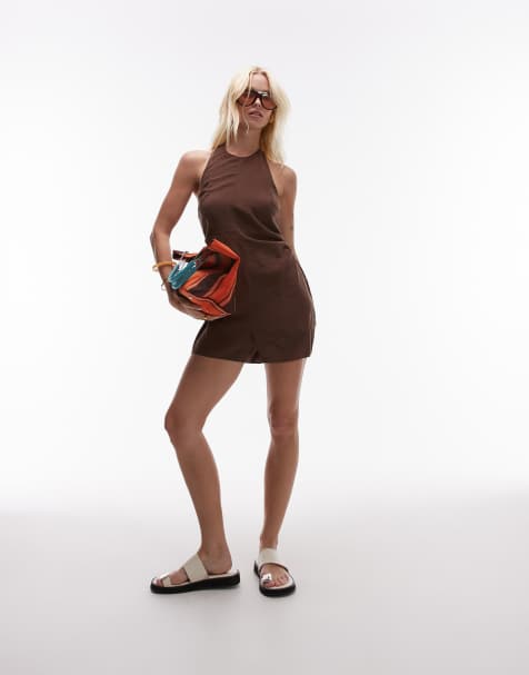 Topshop halterneck romper in cupro chocolate - view 1