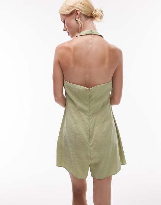 Topshop halterneck romper in cupro olive, 3 of 4