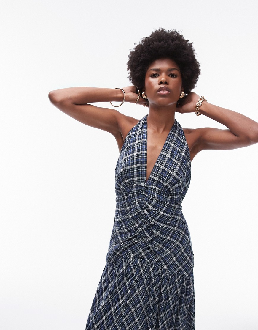 Topshop Halterneck Ruched Front Textured Maxi Dress In Blue Check