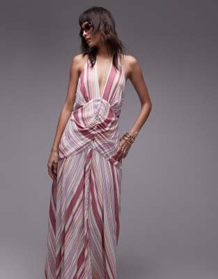 halterneck ruched front textured maxi dress in pink stripe