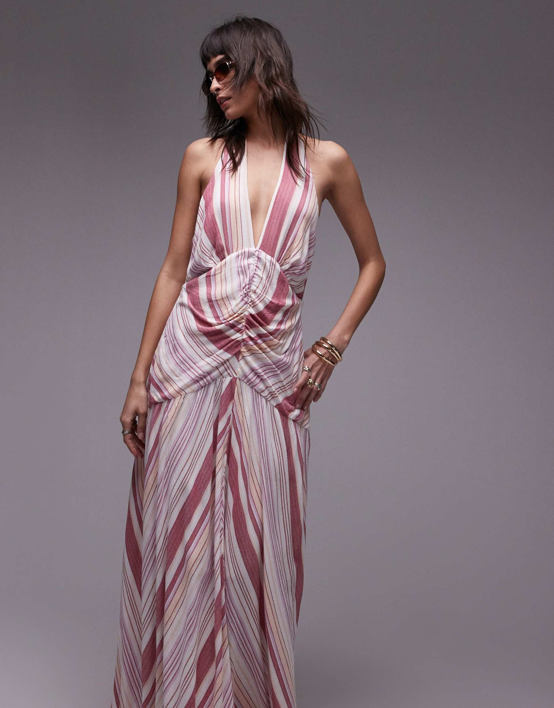 topshop halterneck ruched front textured maxi dress in pink stripe