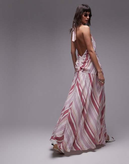 fitted lace wedding dress Dusty Pink Striped Maxi Dress with Paper Bag Waistline