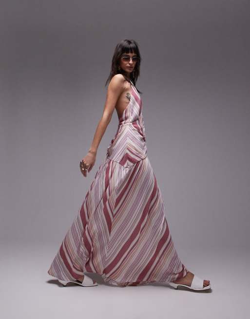 Topshop halterneck ruched front textured maxi dress in pink stripe | ASOS